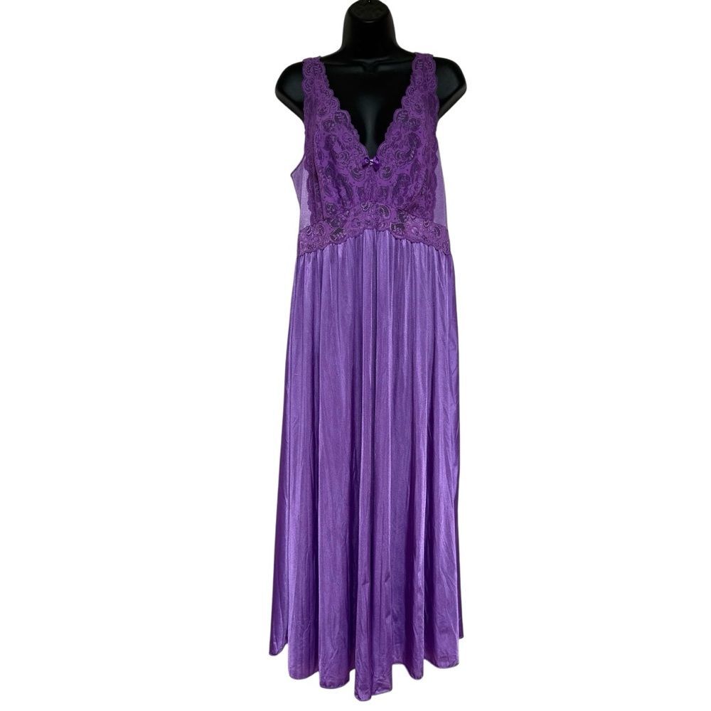 Shadowline Long Nightgown Nightdress Lace Seed Pearl Bow Purple Lavender Sz 1X